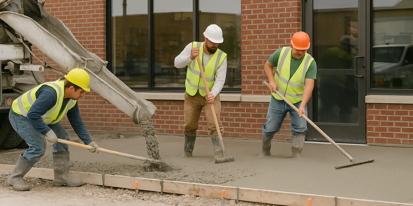 3 concrete contractors spreading concrete on the ground for a sidewalk from San Antonio Concrete Contractor in San Antonio, TX - asphalt repair near me