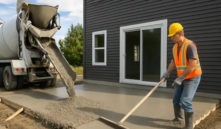 a man spreading the cement a truck is pouring to build a patio from San Antonio Concrete Contractor in San Antonio, TX - commercial concrete contractor