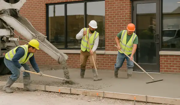 3 concrete contractors spreading concrete on the ground for a sidewalk from San Antonio Concrete Contractor in San Antonio, TX - concrete driveway san antonio