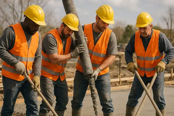 4 workers pouring and spreading concrete on the ground from San Antonio Concrete Contractor in San Antonio, TX - concrete repair near me
