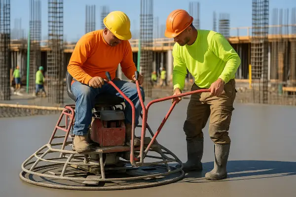 2 men using a machine to finish a concrete slab foundation from San Antonio Concrete Contractor in San Antonio, TX - concrete slab foundation repair
