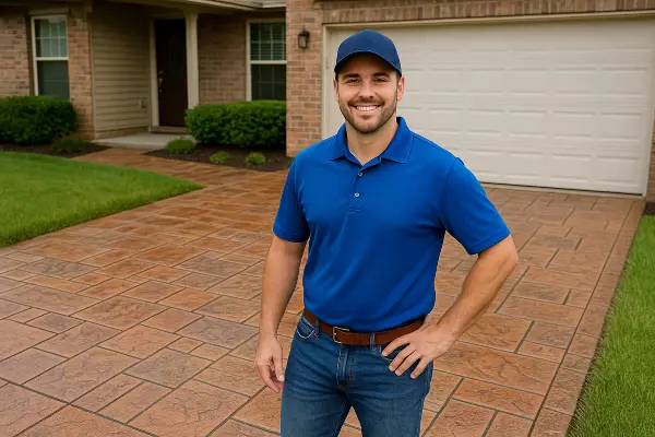 a concrete contractor smiling at the camera with stamped concrete behind him from San Antonio Concrete Contractor in San Antonio, TX - driveway replacement