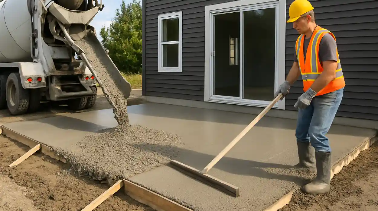 a man spreading the cement a truck is pouring to build a patio from San Antonio Concrete Contractor in San Antonio, TX - foundation contractors near me