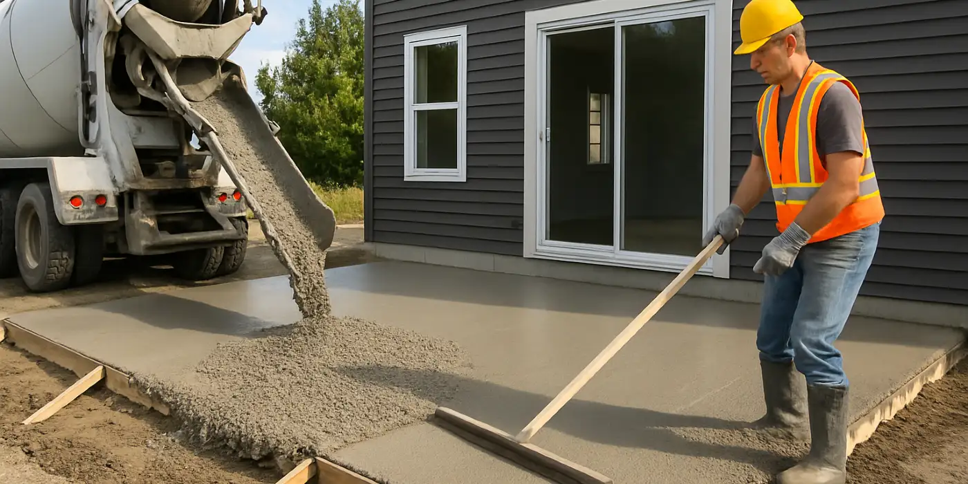 a man spreading the cement a truck is pouring to build a patio from San Antonio Concrete Contractor in San Antonio, TX - foundation contractors near me