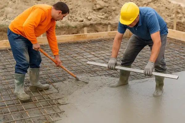 2 workers spreading fresh cement on a rebared ground from San Antonio Concrete Contractor in San Antonio, TX - foundation crack repair
