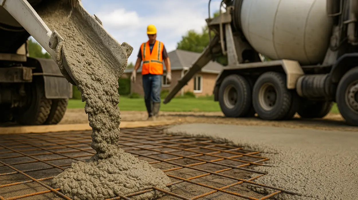 Cement truck pouring cement on a rebared ground from San Antonio Concrete Contractor in Kirby, TX - Kirby TX