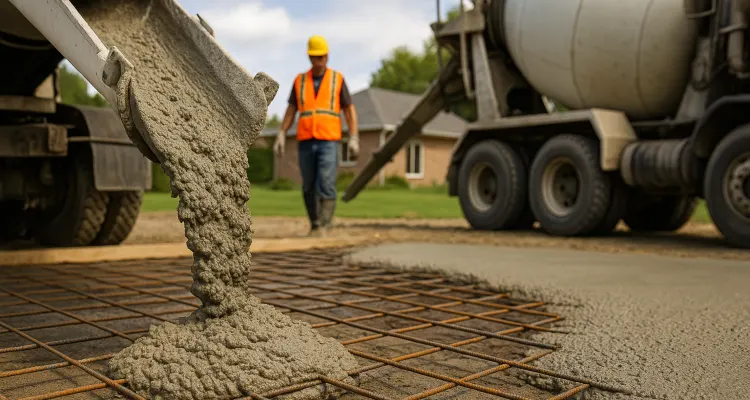 Cement truck pouring cement on a rebared ground from San Antonio Concrete Contractor in Kirby, TX - Kirby TX