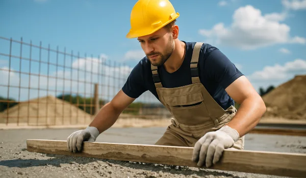 a male concrete worker spreading fresh cement on rebared ground from San Antonio Concrete Contractor in San Antonio, TX - stamped concrete contractor